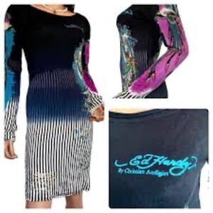 ED HARDY by CHRISTIAN AUDIGIER  Long Sleeve Stretch Midi Dress Black Y2K Sz M